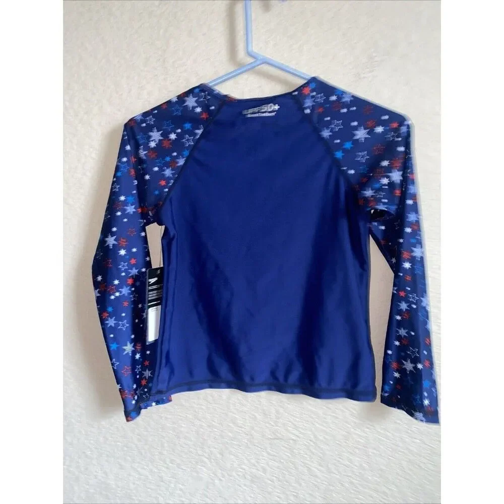 Speedo swim shirt Long Sleeve Rash Guard Blue UPF M USA Stars 4th patriotic